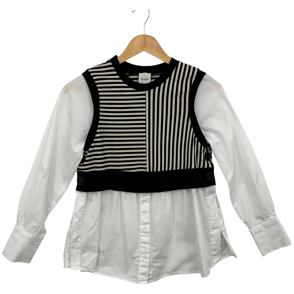 Maeve Long Sleeve Linen Twofer Sweater Vest Top Womens XS Anthropologie White